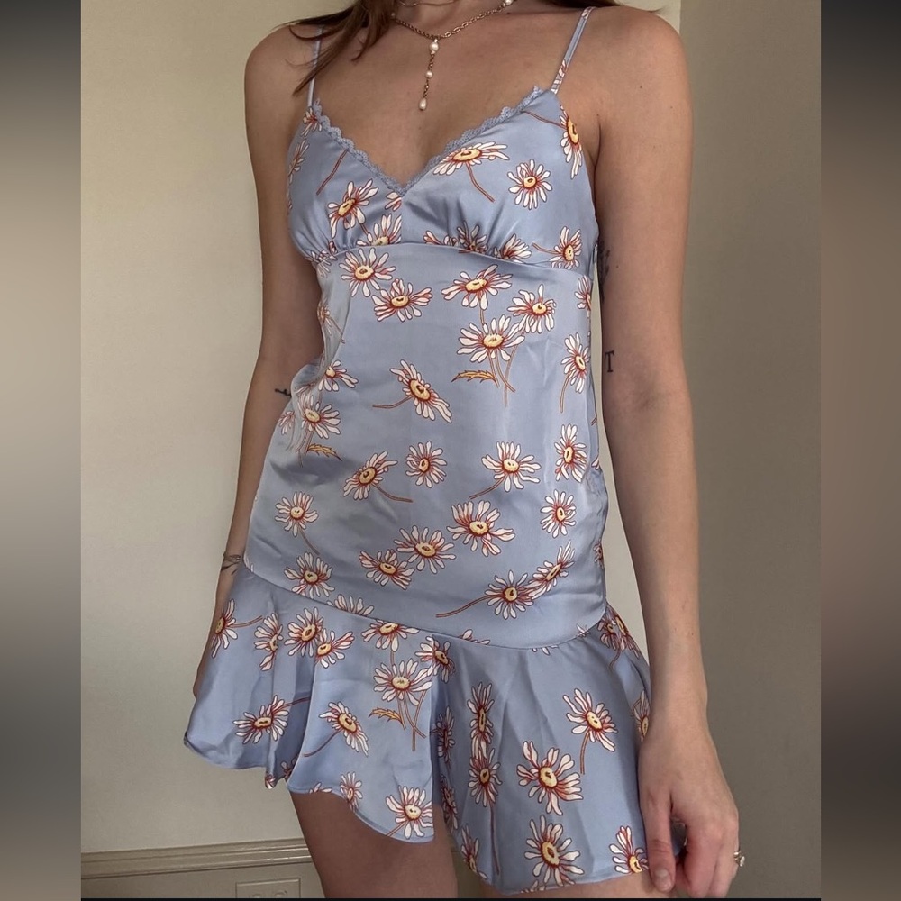 NWT Urban Outfitters Blue Daisy Mini Slip Dress Size SP
